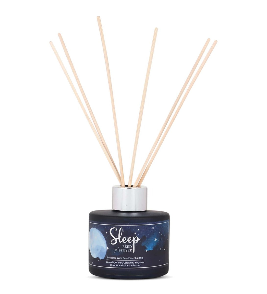 Aromatherapy Sleep Reed Diffuser in Round Glass Bottle by Song of India — diffuser packaging and label detail
