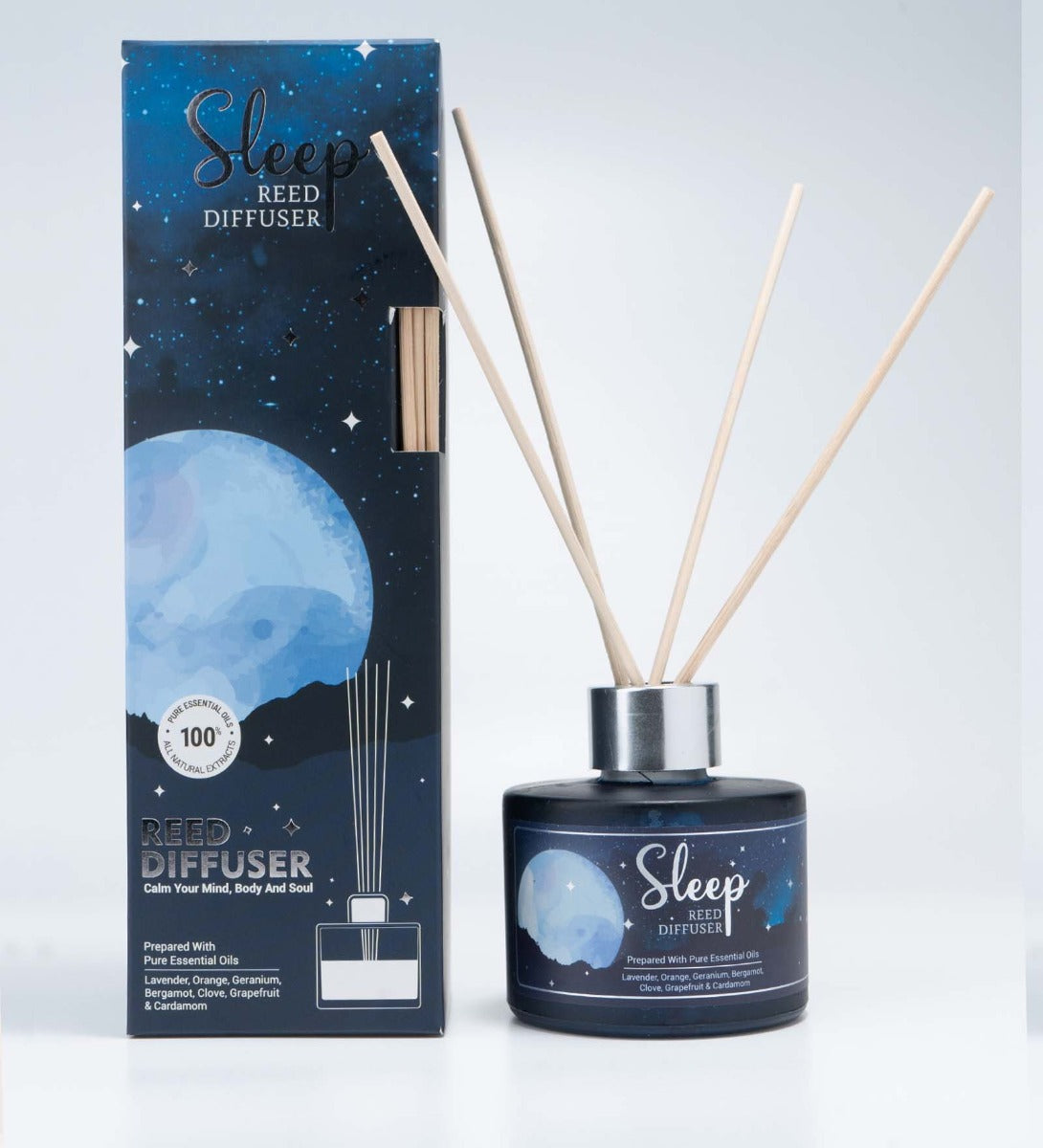Aromatherapy Sleep Reed Diffuser in Round Glass Bottle by Song of India — reed diffuser bottle and reeds detail
