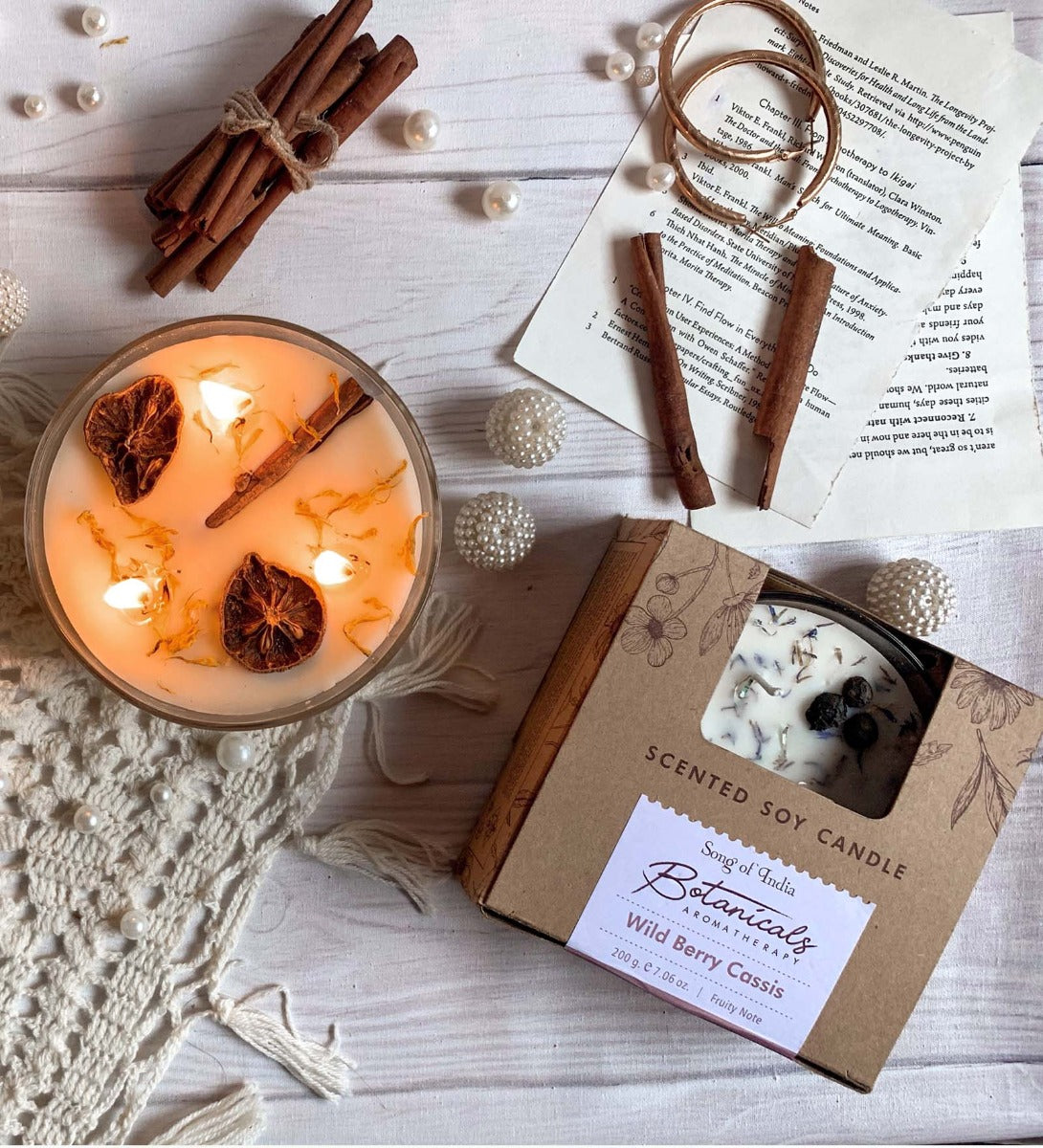 Wild Berry Cassis Botanical Candle by Song of India — soy wax candle jar and packaging detail