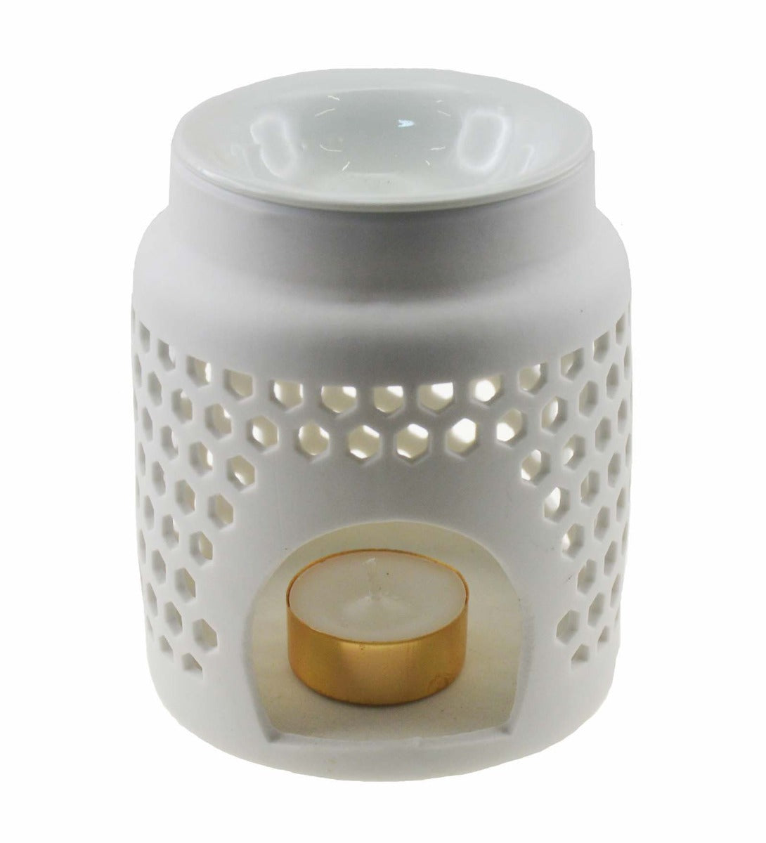White Tapering Cylindrical Ceramic Burner with Hexagonal Jali by Song of India — primary product image