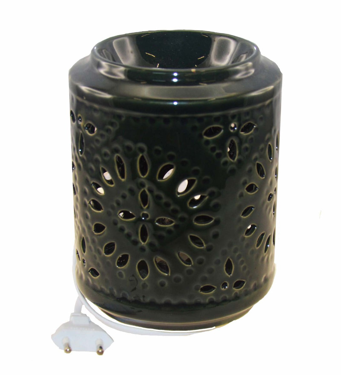 Dark Green Cylindrical Electric Bulb Ceramic Burner with Leaf by Song of India — primary product image