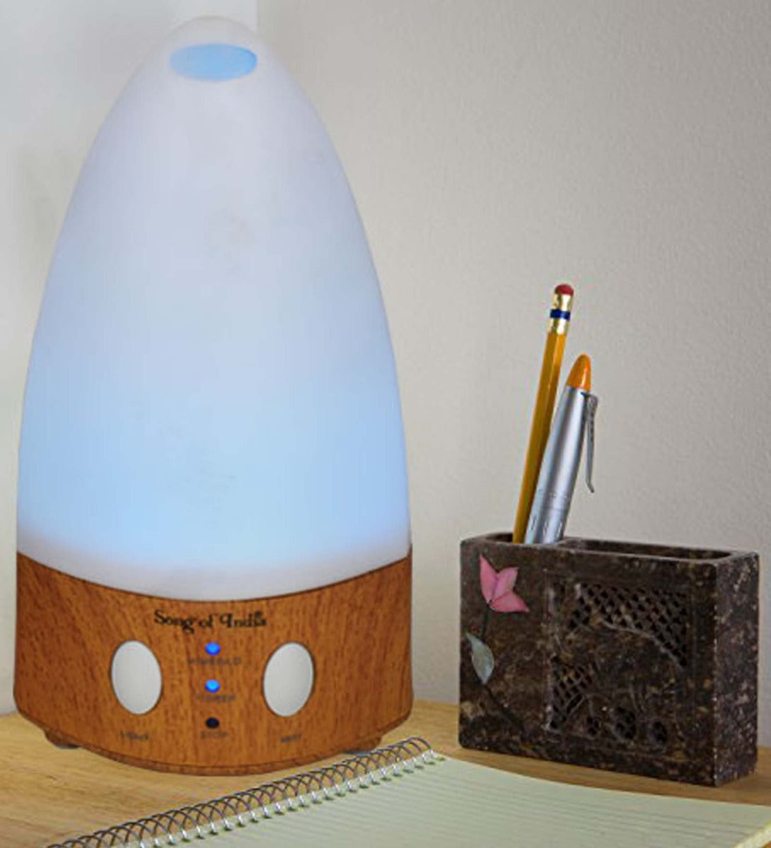 White Cone Ultrasonic Diffuser with Light Wood Finish Bottom by Song of India — product close-up detail