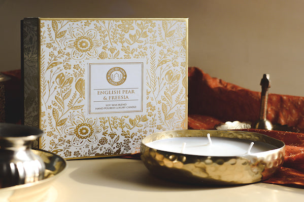 Wood Sage & Sea Salt Festive Luxe Scented Candle by Song of India — soy wax candle jar and packaging detail