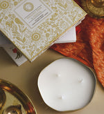 English Pear & Freesia Festive Luxe Scented Candle by Song of India — soy wax candle jar and packaging detail