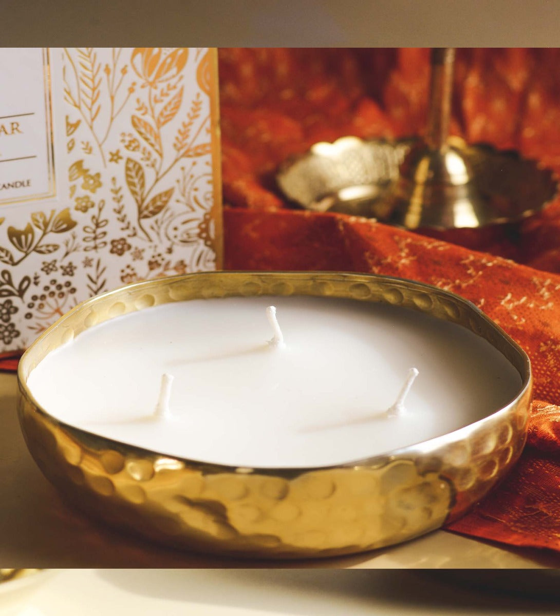 English Pear & Freesia Festive Luxe Scented Candle by Song of India — candle fragrance and label detail
