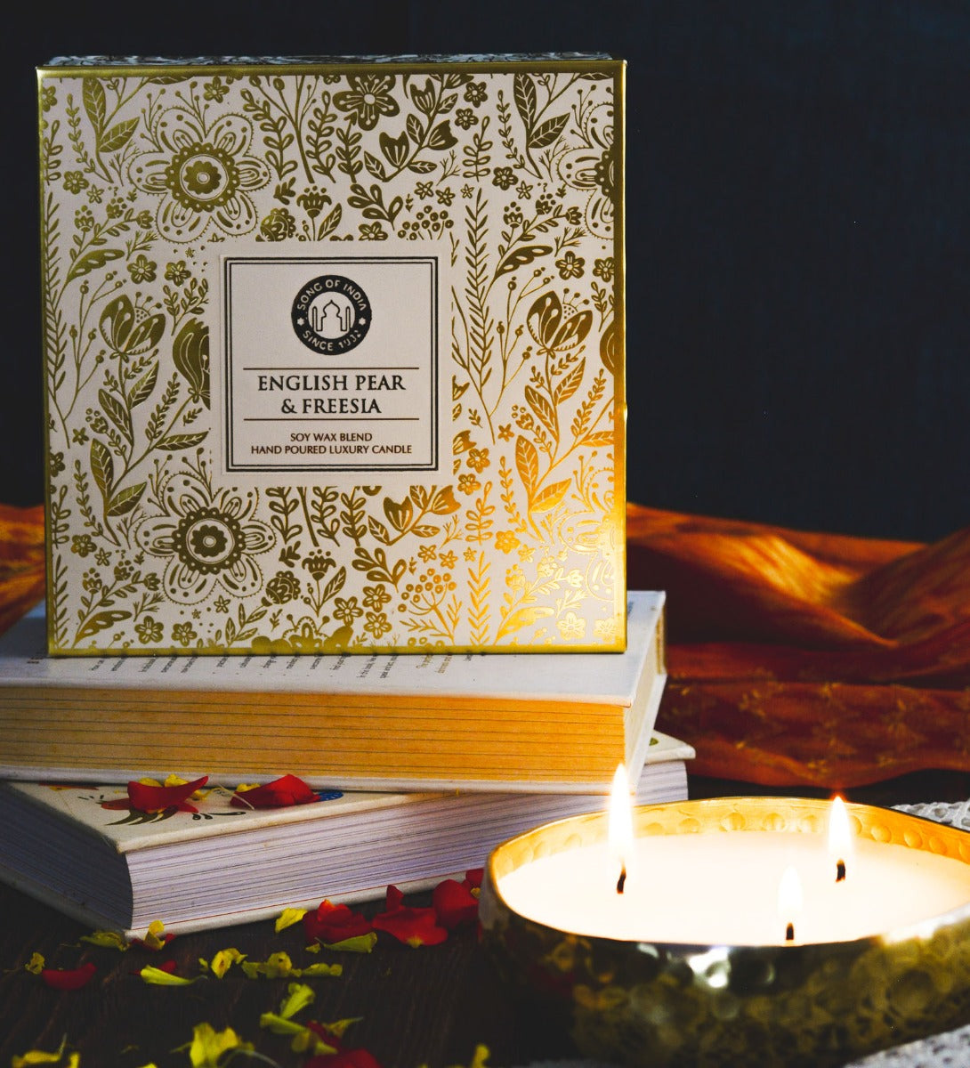 English Pear & Freesia Festive Luxe Scented Candle by Song of India — primary soy wax candle product image