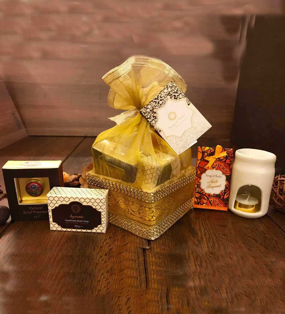 Golden Organza Gift Basket by Song of India — primary gift set product image