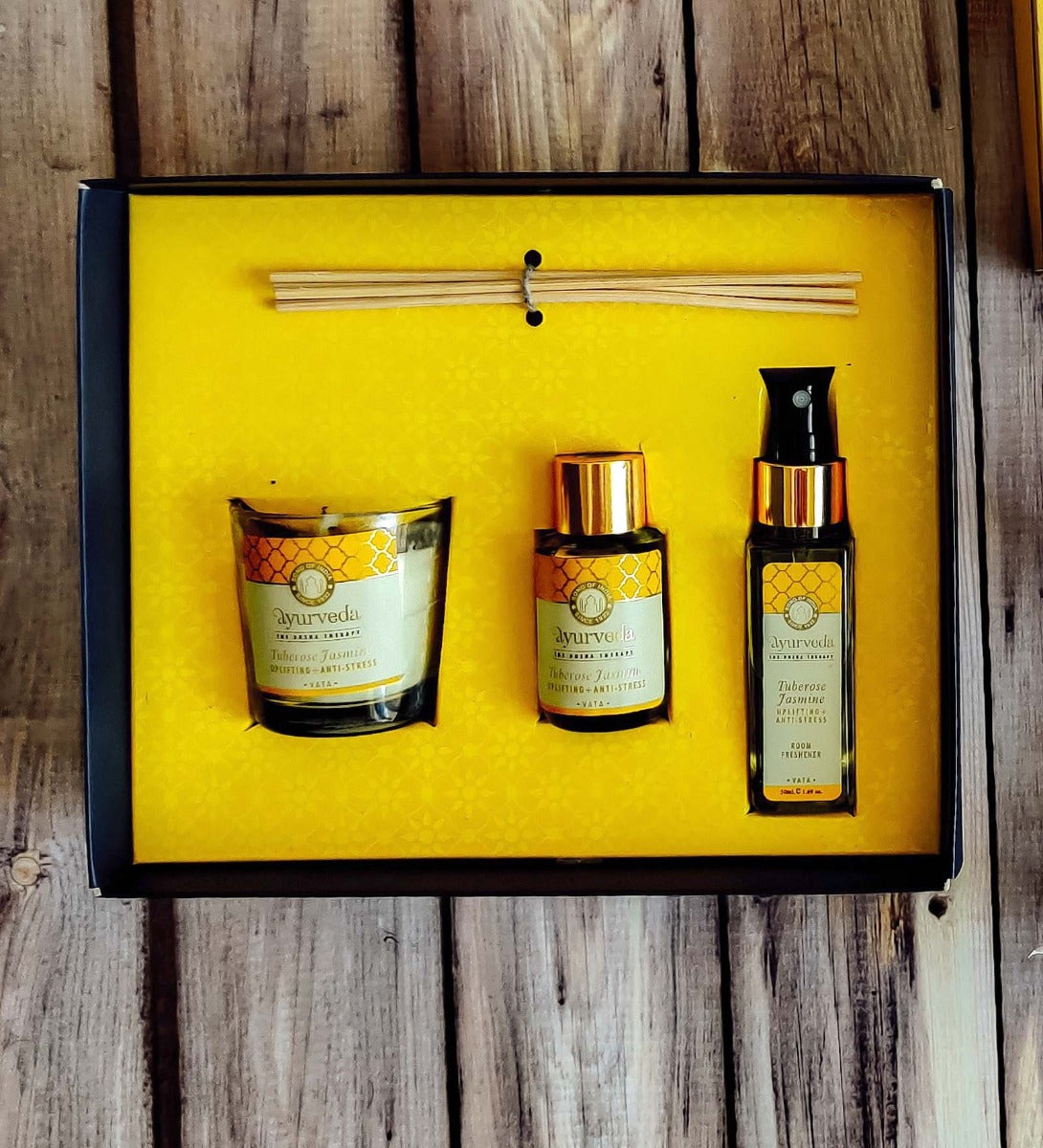 Yellow Veda Gift set Candle, Room Spray & Reed Diffuser by Song of India — tray and packaging detail