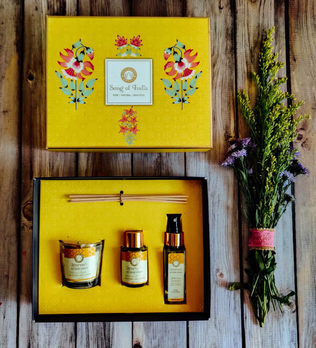 Yellow Veda Gift set Candle, Room Spray & Reed Diffuser by Song of India — primary gift set product image