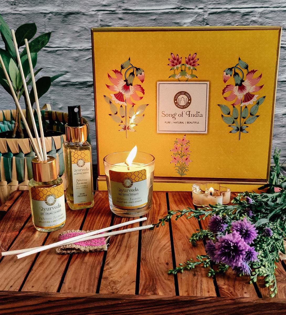 Yellow Veda Gift set Candle, Room Spray & Reed Diffuser by Song of India — gift box contents detail