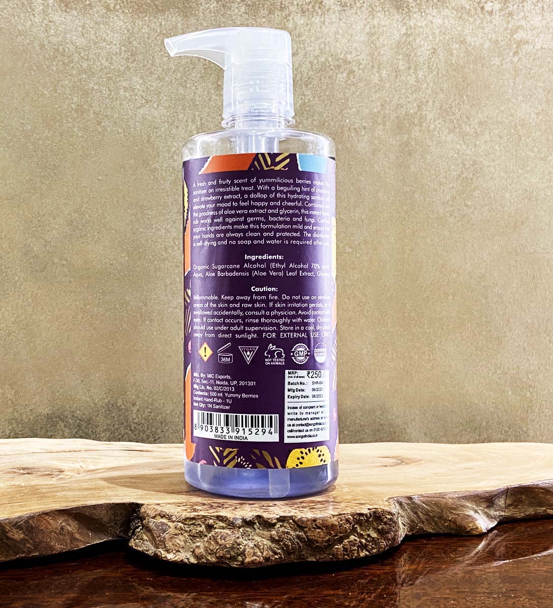 Yummy Berries Hand Sanitizer Alcohol Based, 500 ml by Song of India — product packaging detail