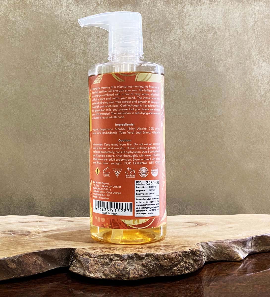 Citrus Orange Hand Sanitizer Alcohol Based, 500 ml by Song of India — product packaging detail