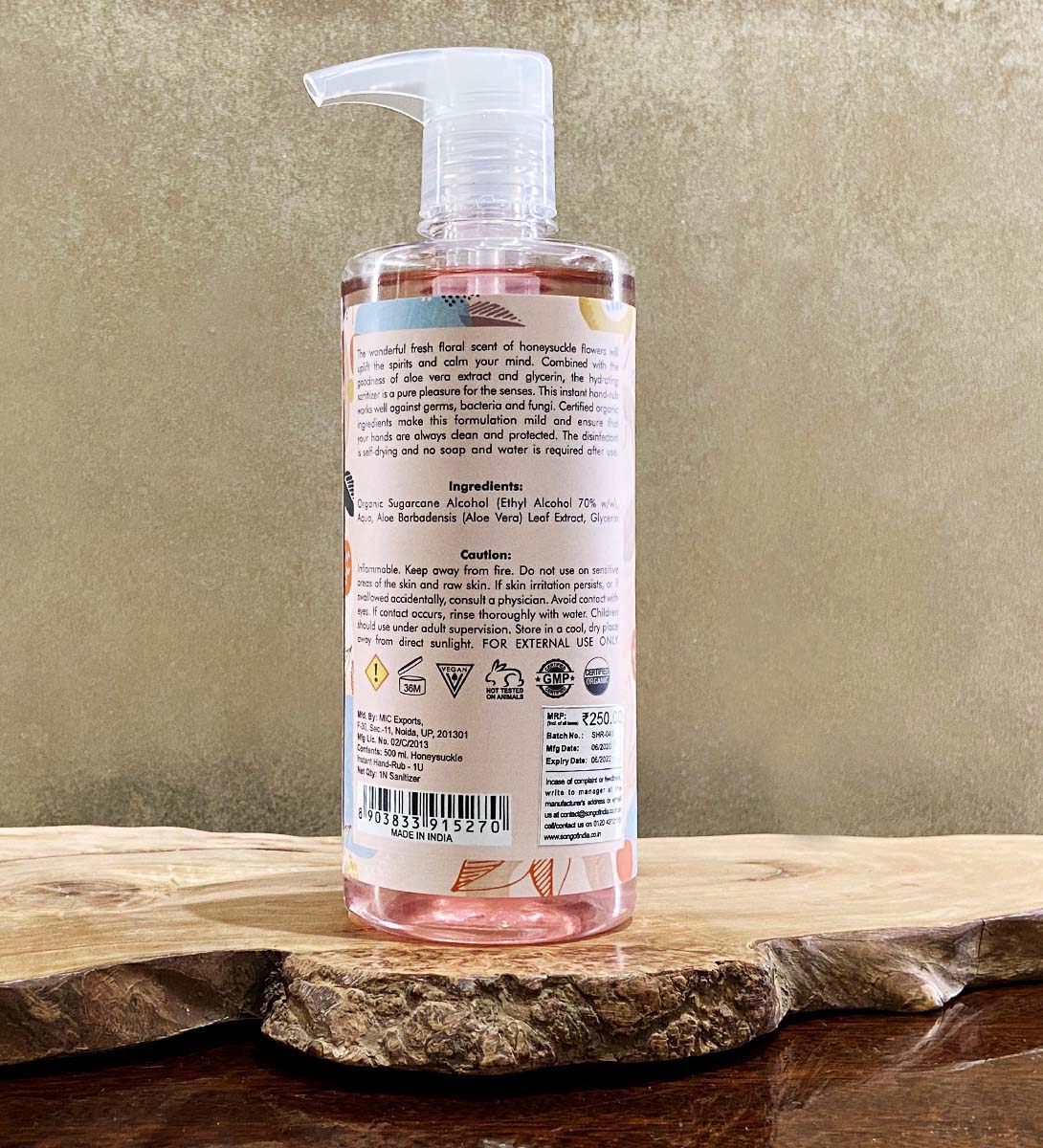 Honeysuckle Hand Sanitizer Alcohol Based, 500 ml by Song of India — product packaging detail