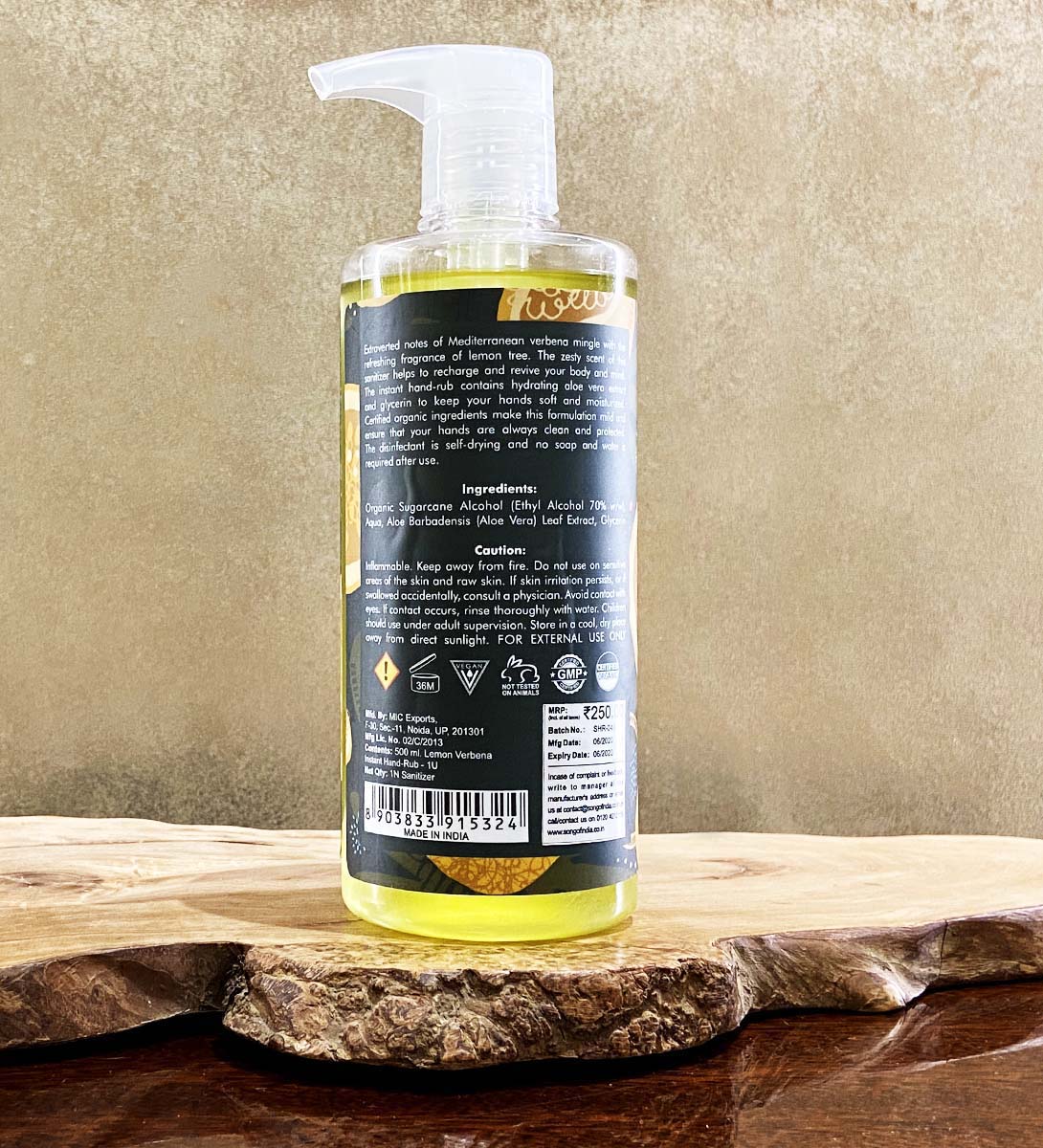 Lemon Verbena Hand Sanitizer Alcohol Based, 500 ml by Song of India — product packaging detail