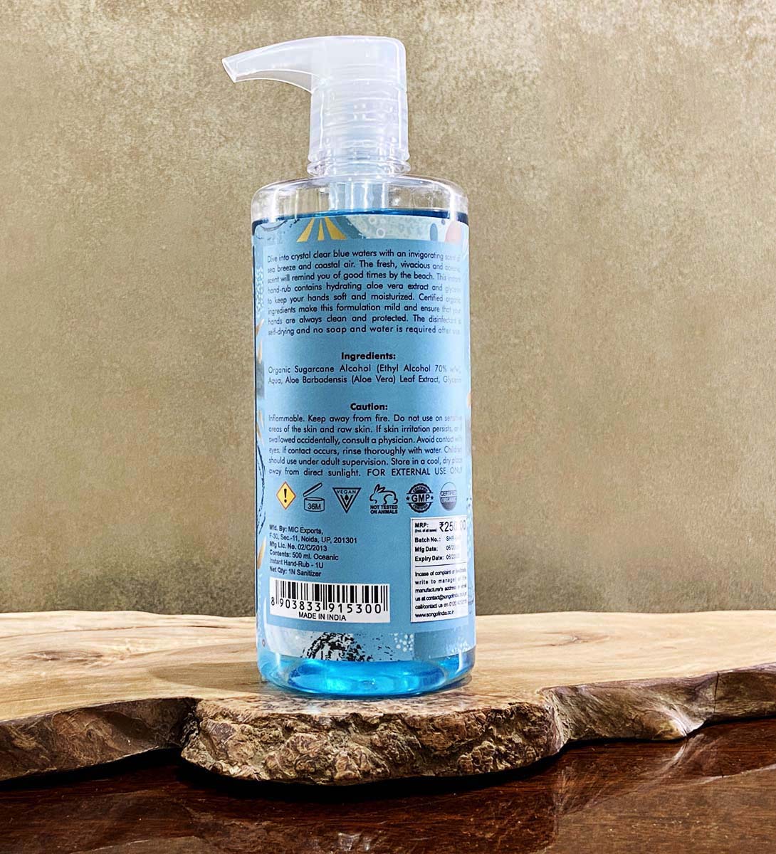 Oceanic Instant Hand Sanitizer Alcohol Based, 500 ml by Song of India — product packaging detail
