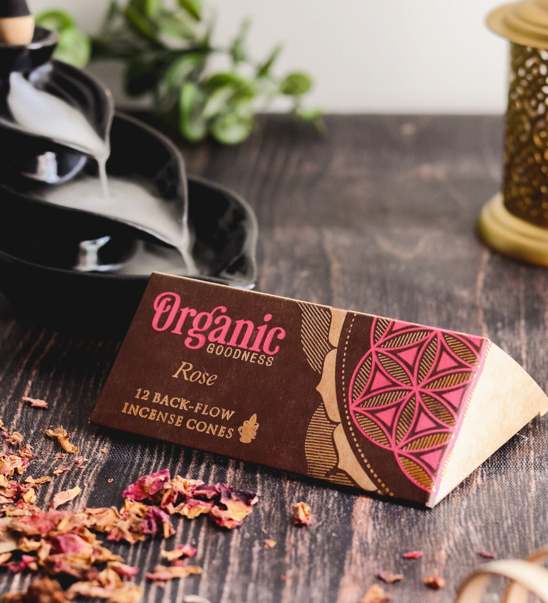 Rose Organic 12 Back-Flow Incense Cones by Song of India — primary incense product image