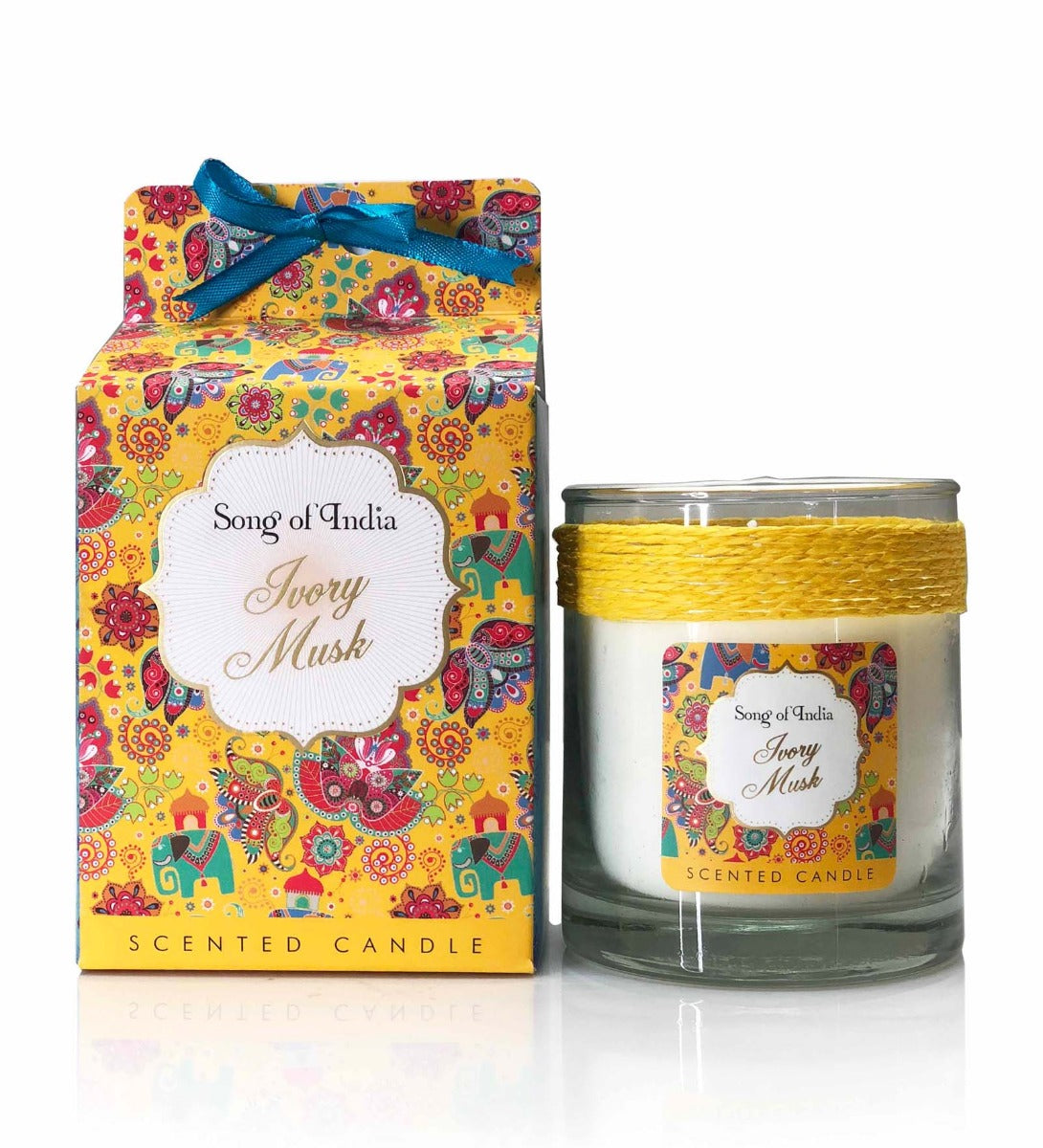 Ivory Musk Soy Wax Candle by Song of India — soy wax candle jar and packaging detail