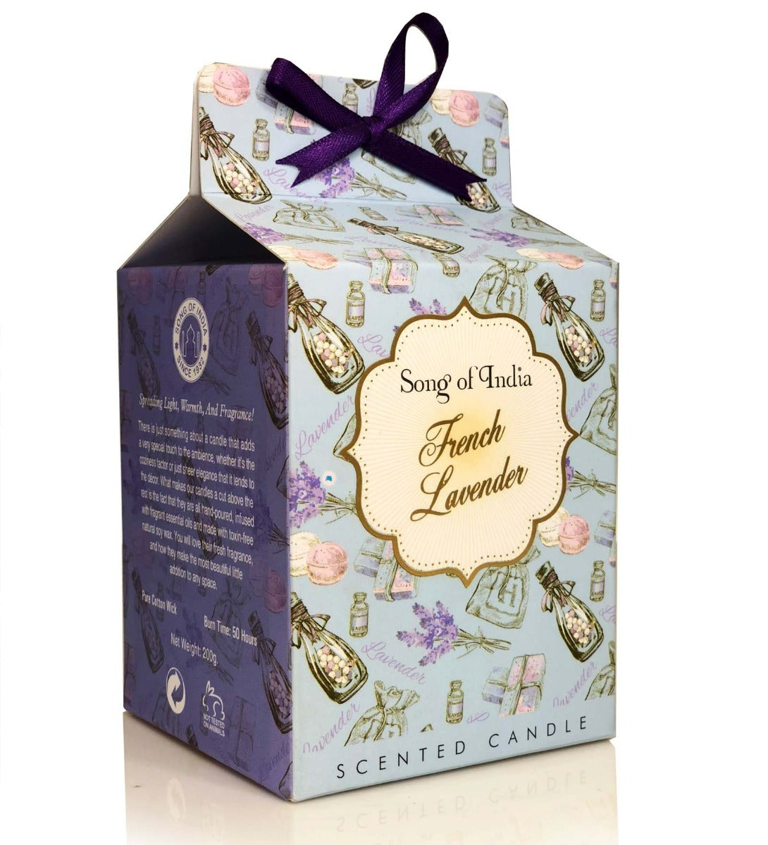 French Lavender Soy Wax Candle by Song of India — candle fragrance and label detail