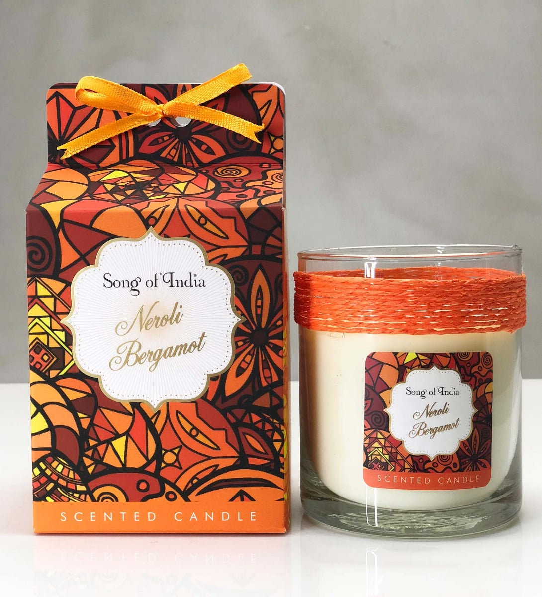 Neroli Bergamot Soy Wax Candle by Song of India — soy wax candle jar and packaging detail