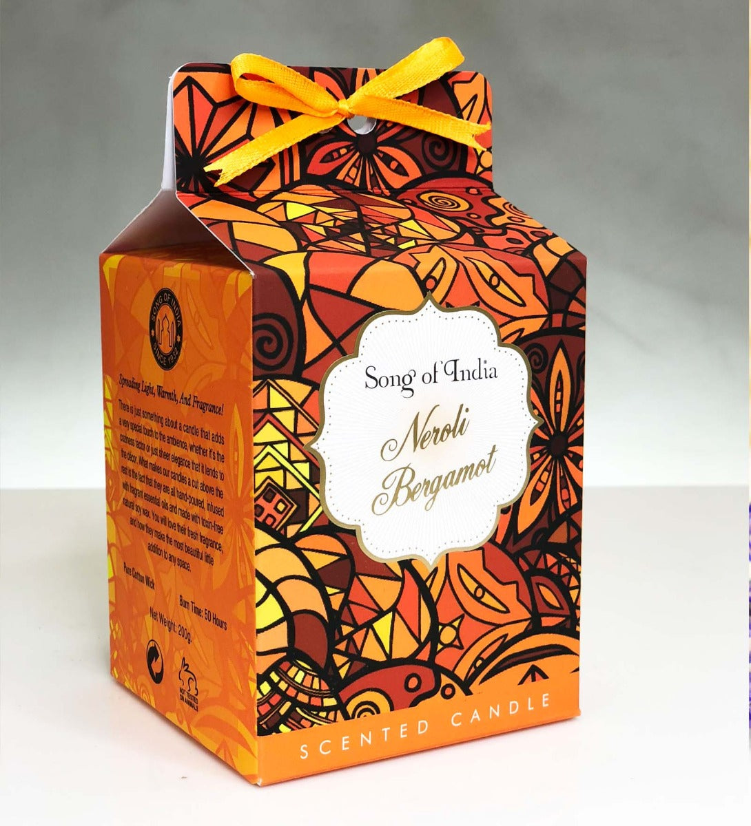 Neroli Bergamot Soy Wax Candle by Song of India — candle fragrance and label detail