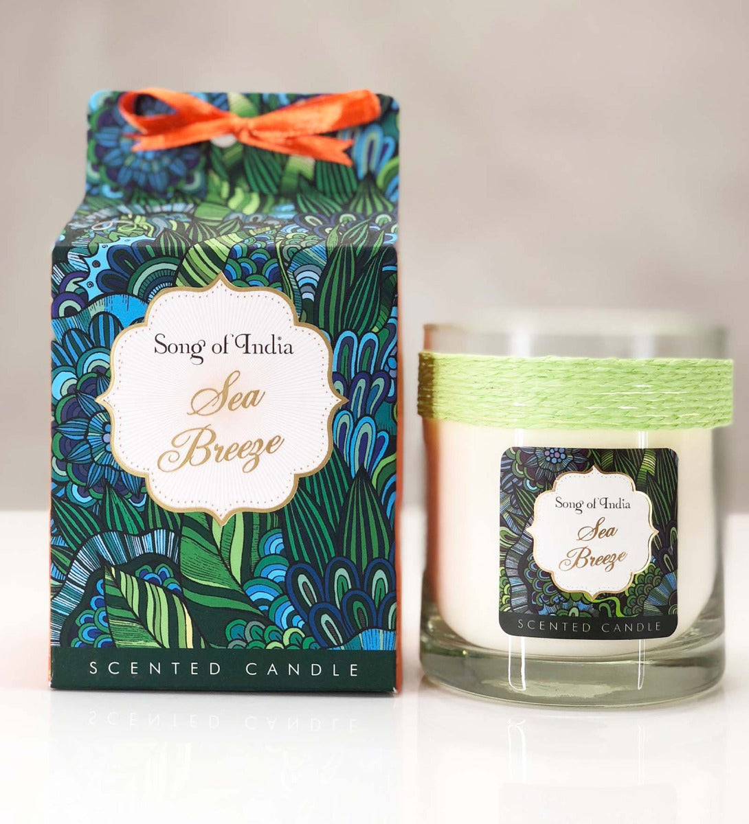 Sea Breeze Soy Wax Candle by Song of India — soy wax candle jar and packaging detail