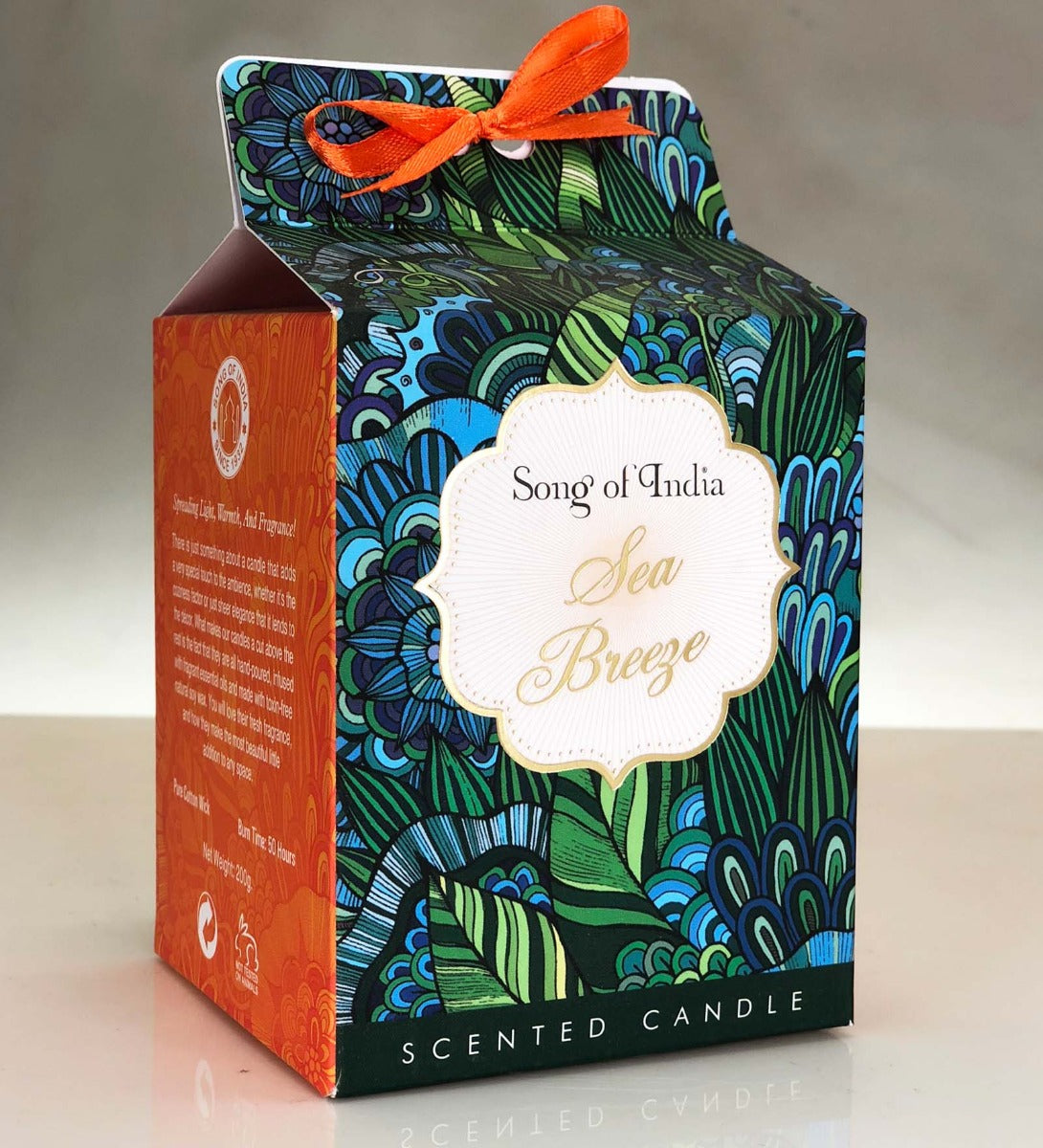 Sea Breeze Soy Wax Candle by Song of India — candle fragrance and label detail
