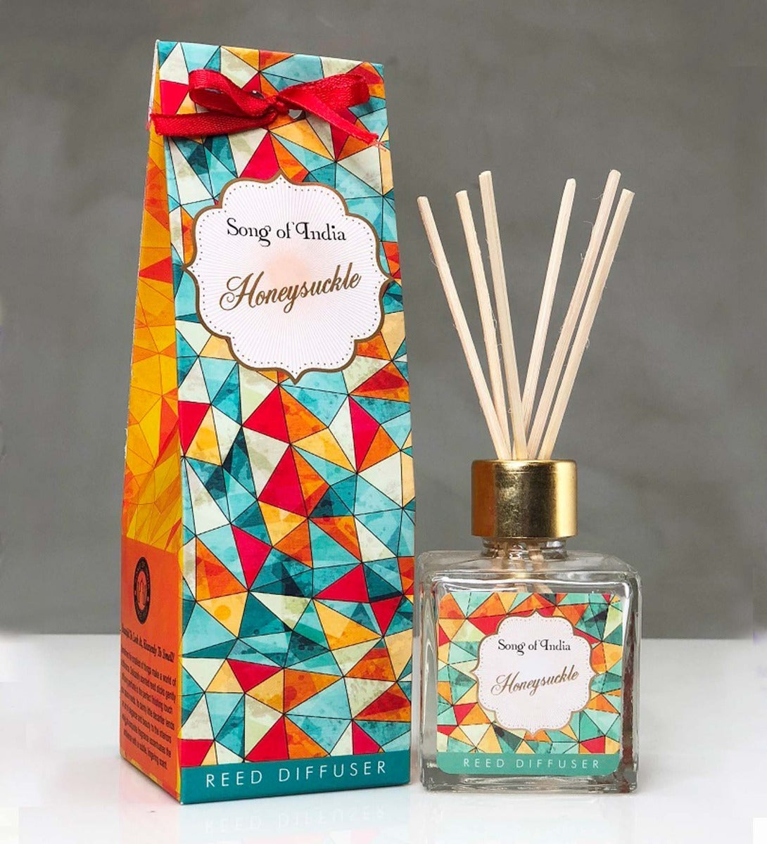 Honeysuckle Reed Diffuser by Song of India — reed diffuser bottle and reeds detail