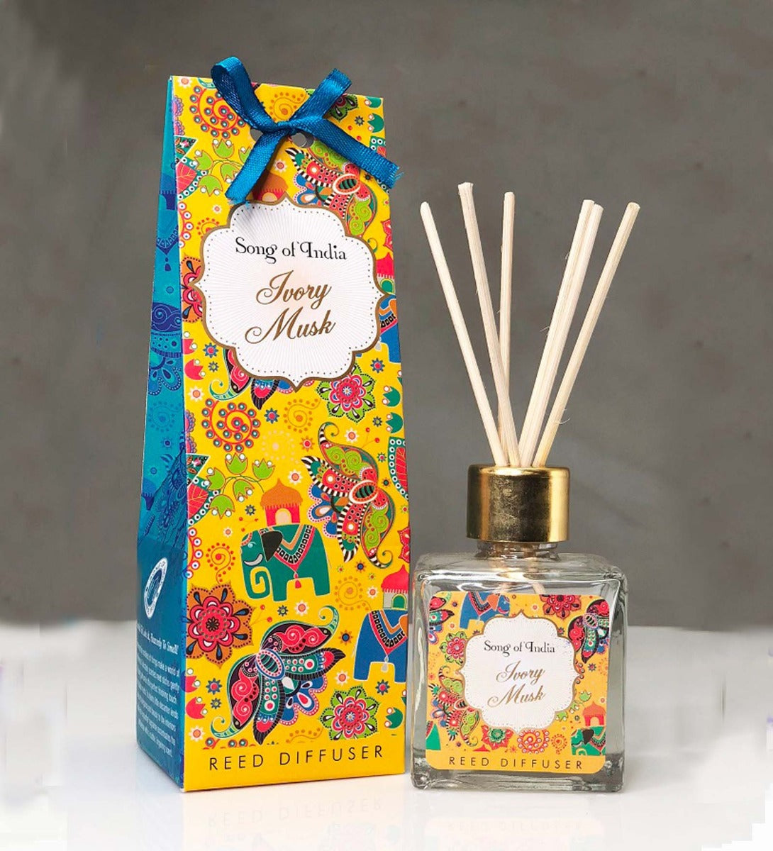 Ivory Musk Reed Diffuser by Song of India — reed diffuser bottle and reeds detail