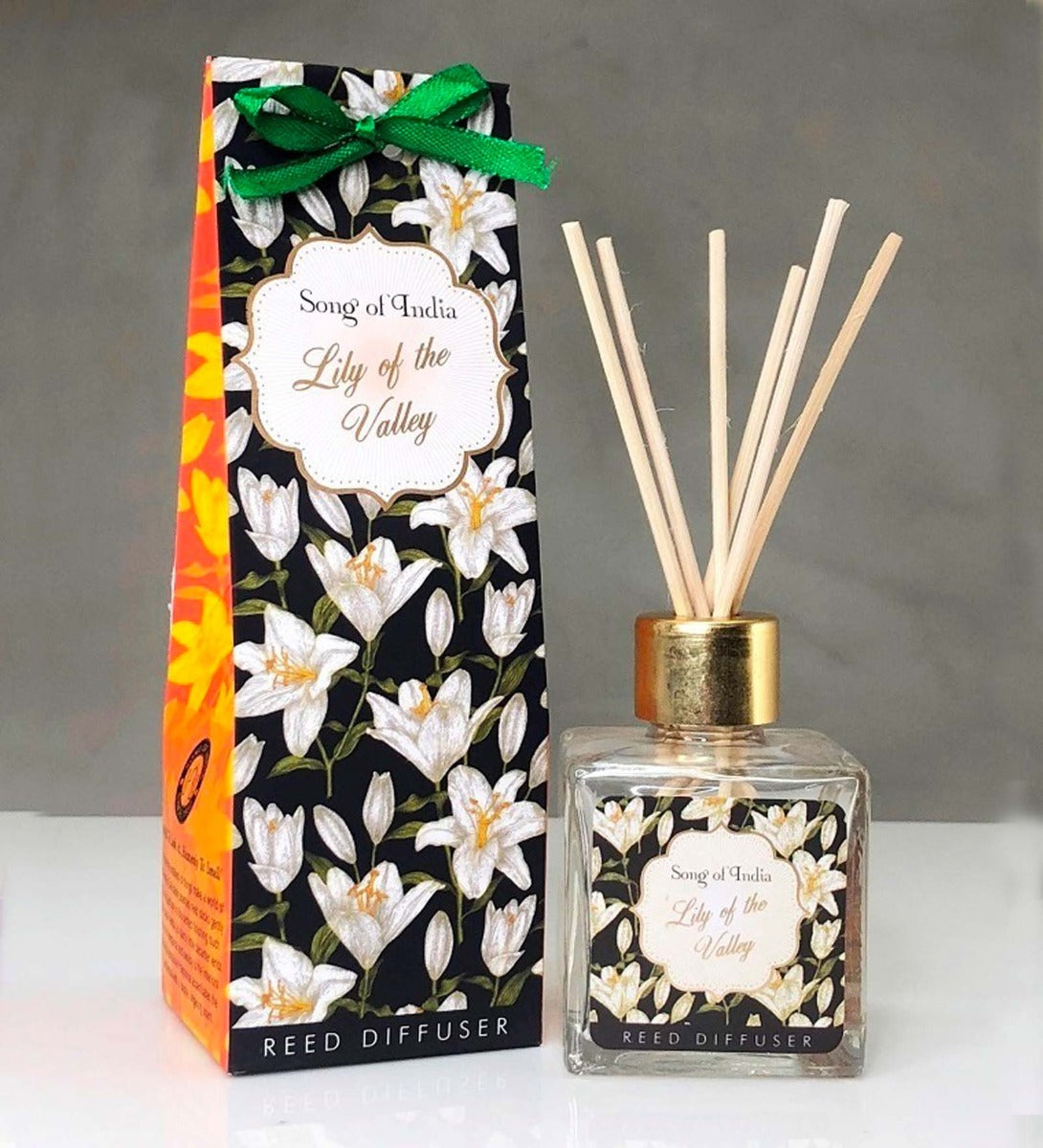 Lily of the Valley Reed Diffuser by Song of India — reed diffuser bottle and reeds detail