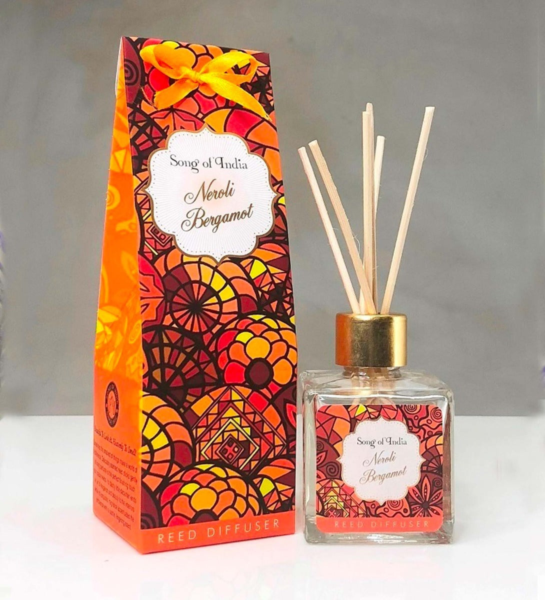 Neroli Bergamot Reed Diffuser by Song of India — reed diffuser bottle and reeds detail