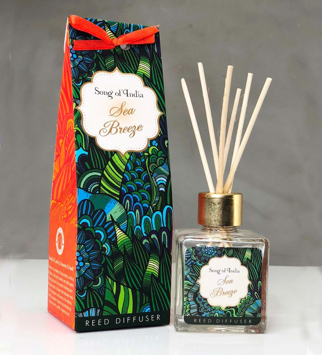 Sea Breeze Reed Diffuser by Song of India — reed diffuser bottle and reeds detail