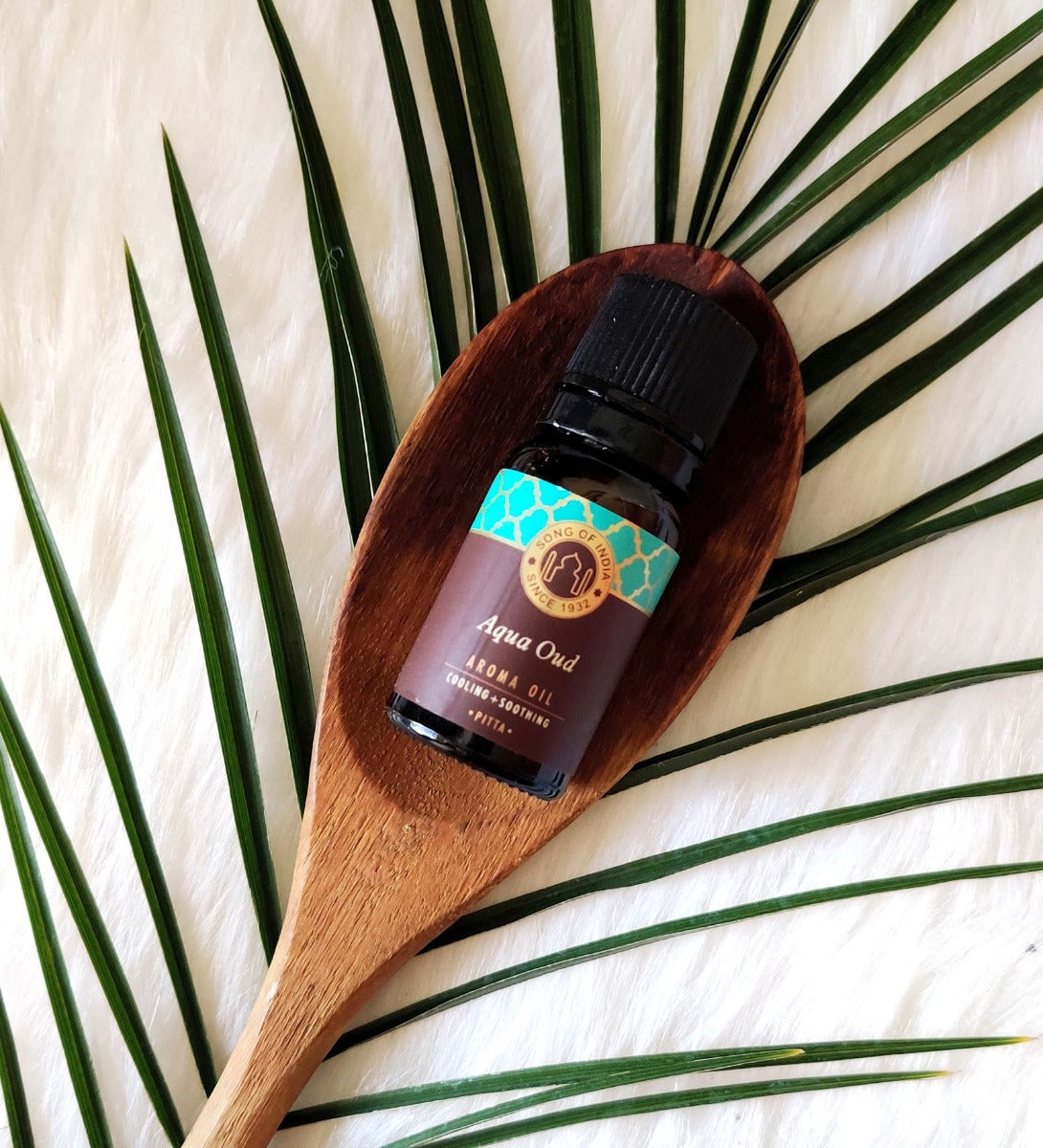 Aqua Oud Ayurveda Aroma Oil by Song of India — oil bottle and packaging detail