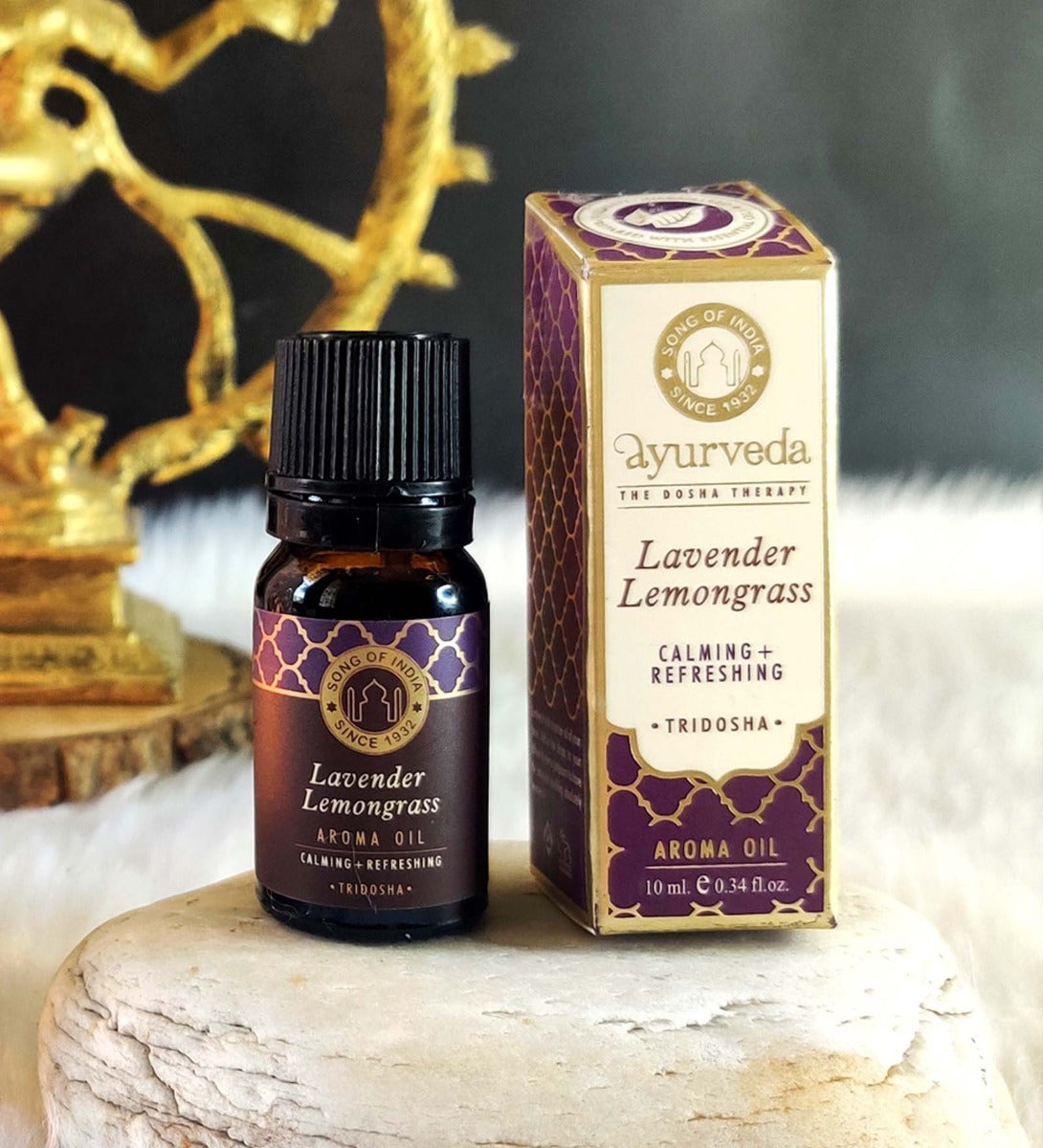 Lavender Lemongrass Ayurveda Aroma Oil by Song of India — oil bottle and packaging detail