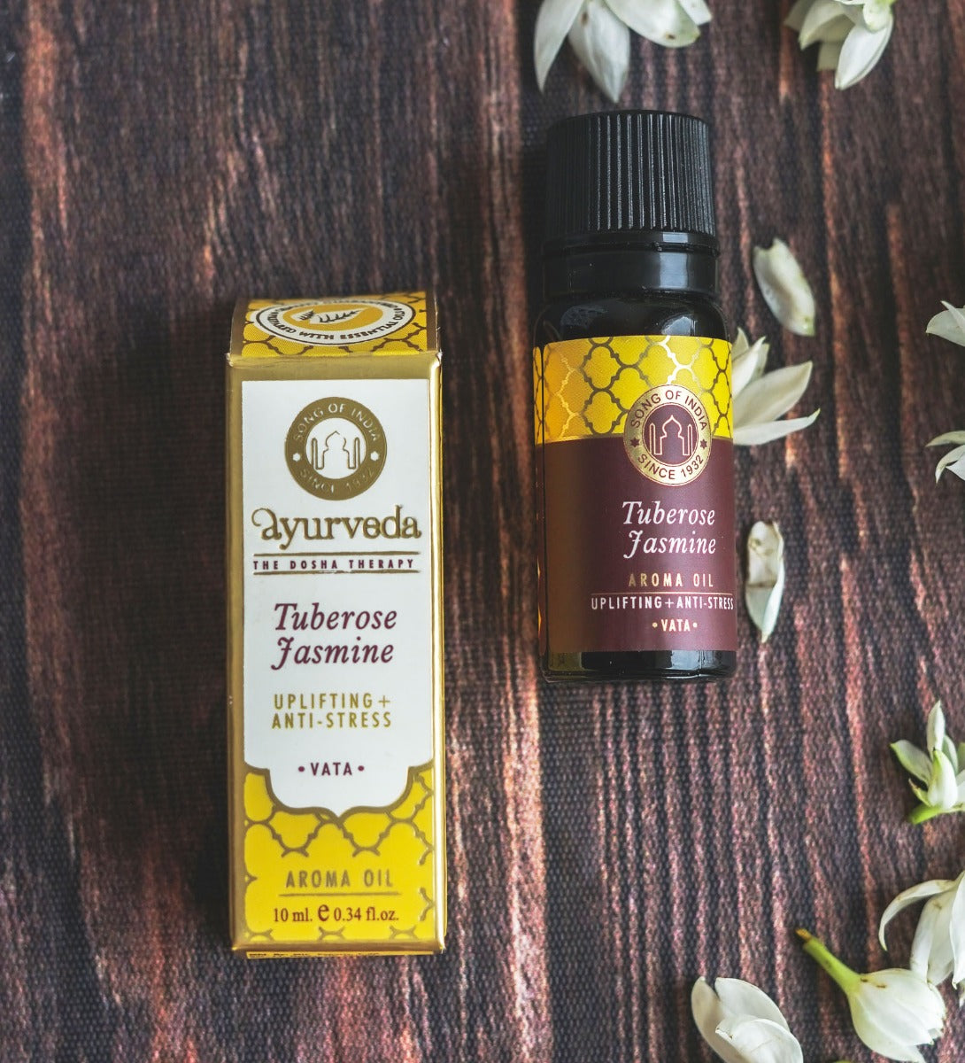 Tuberose Jasmine Ayurveda Aroma Oil by Song of India — oil bottle and packaging detail