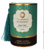 Aqua Oud Ayurveda Scented Candle by Song of India — soy wax candle jar and packaging detail