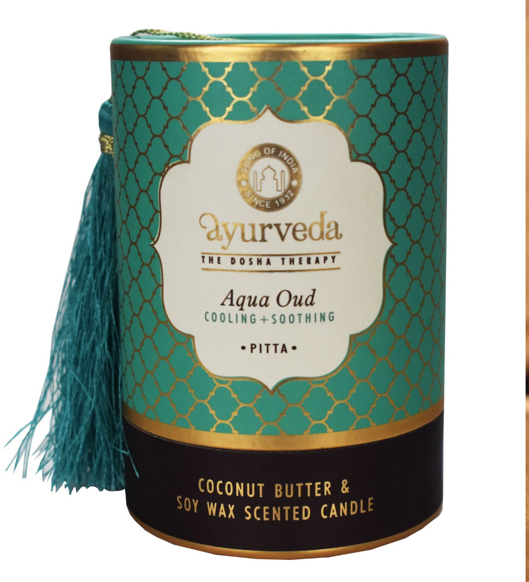 Aqua Oud Ayurveda Scented Candle by Song of India — soy wax candle jar and packaging detail
