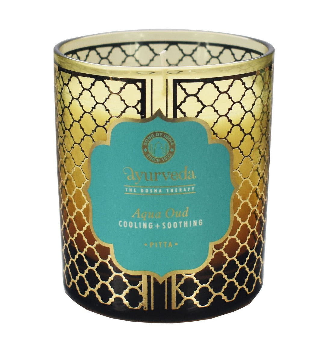 Aqua Oud Ayurveda Scented Candle by Song of India — candle fragrance and label detail