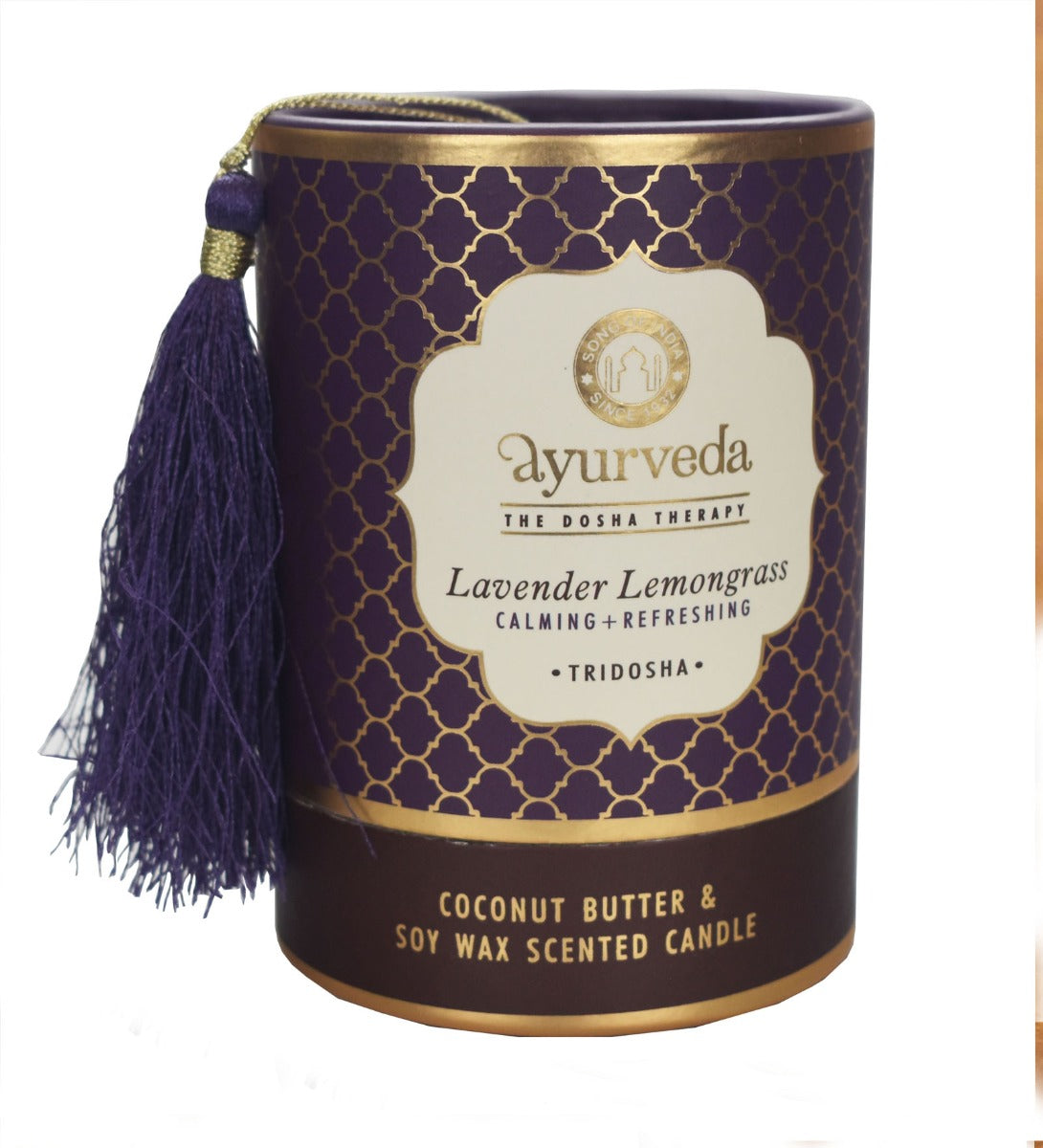 Lavender Lemongrass Ayurveda Scented Candle by Song of India — soy wax candle jar and packaging detail