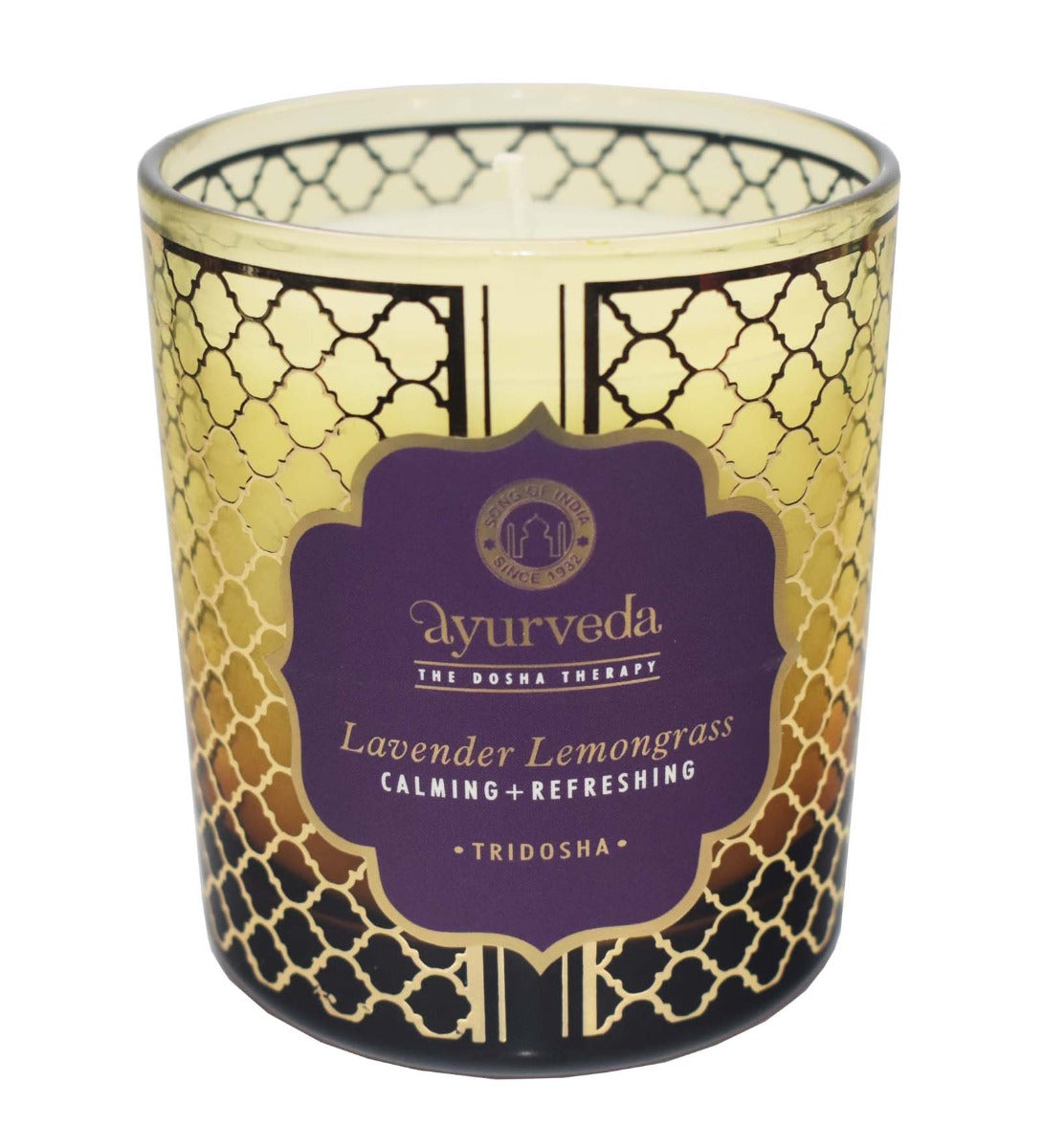 Lavender Lemongrass Ayurveda Scented Candle by Song of India — candle fragrance and label detail