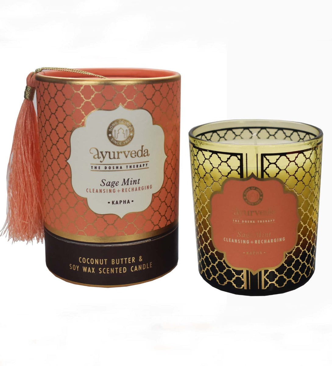Sage Mint Ayurveda Scented Candle by Song of India — candle fragrance and label detail