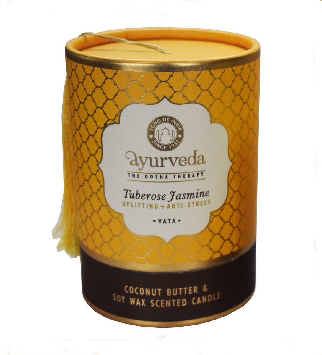 Tuberose Jasmine Ayurveda Scented Candle by Song of India — soy wax candle jar and packaging detail