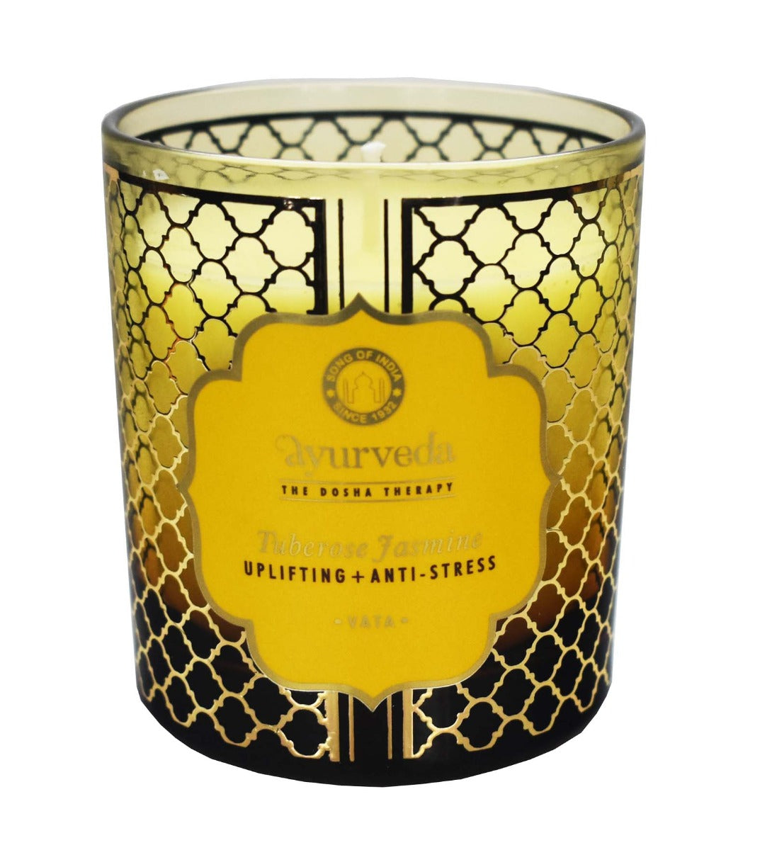 Tuberose Jasmine Ayurveda Scented Candle by Song of India — candle fragrance and label detail