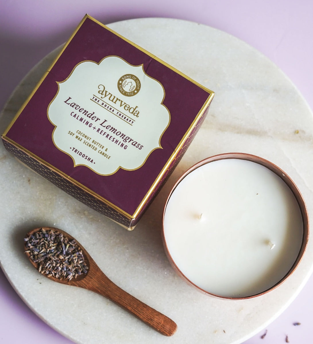 Lavender Lemongrass Scented Candle by Song of India — soy wax candle jar and packaging detail