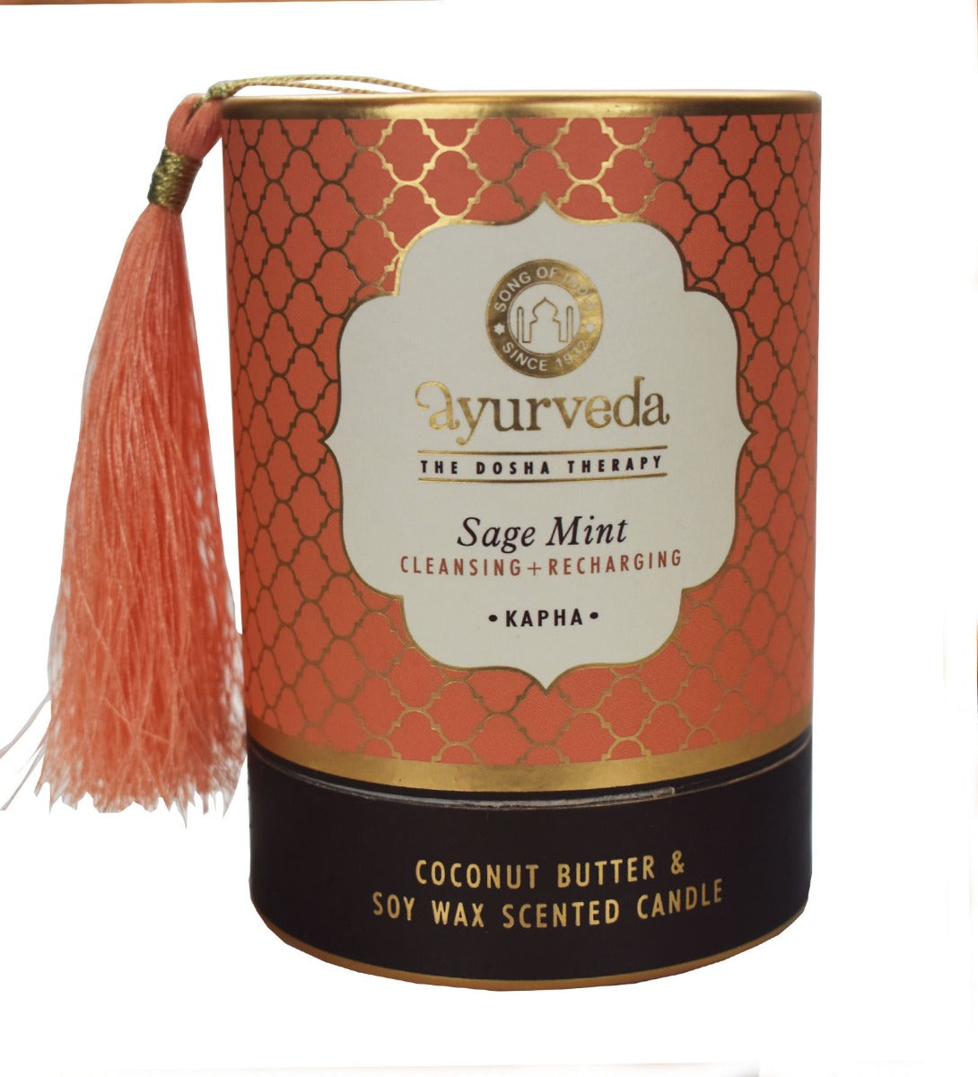 Sage Mint Ayurveda Scented Candle by Song of India — soy wax candle jar and packaging detail