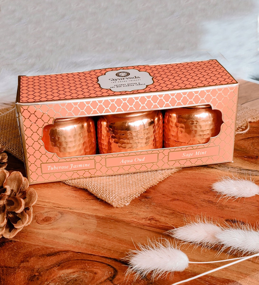Ayurveda Scented Candle by Song of India — soy wax candle jar and packaging detail