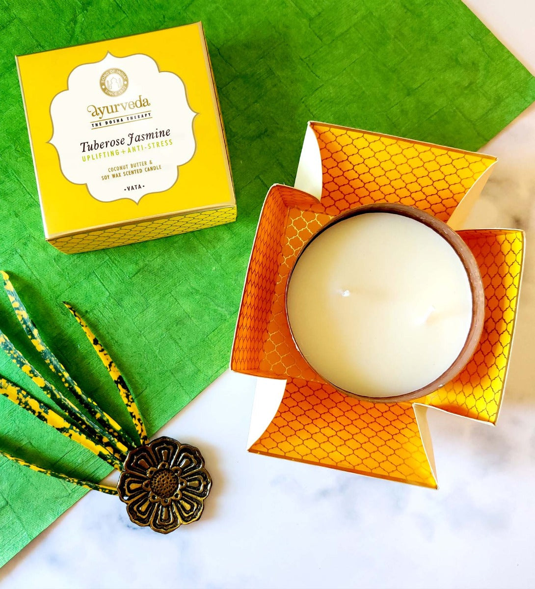 Tuberose Jasmine Scented Candle by Song of India — soy wax candle jar and packaging detail