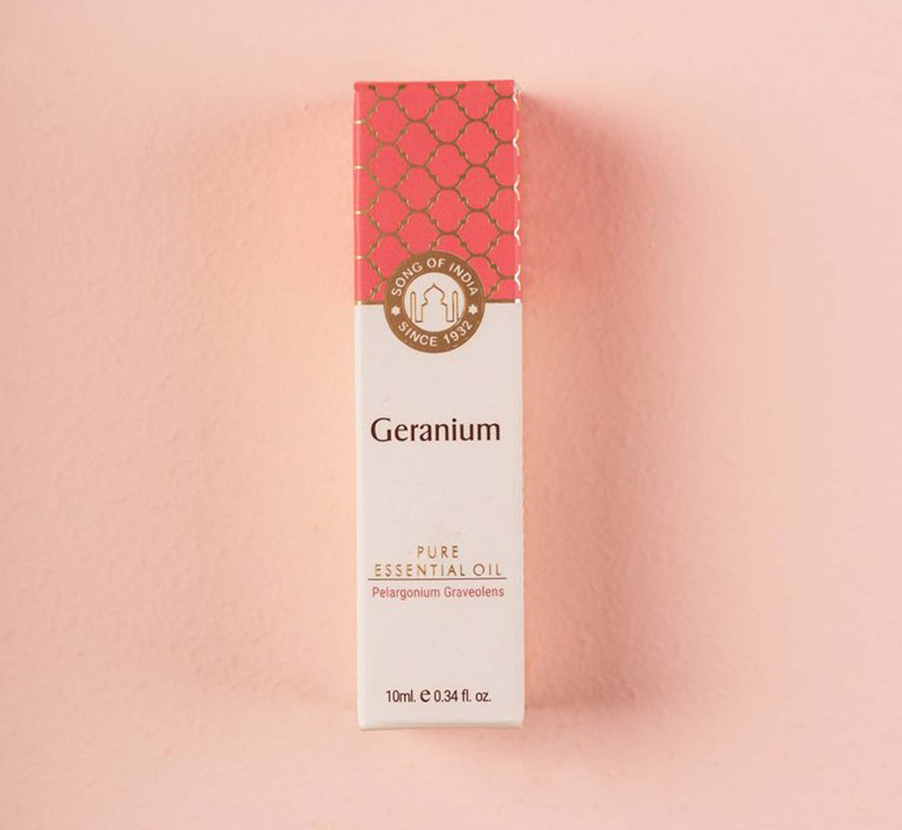 Geranium Pure Essential Oil by Song of India — oil bottle and packaging detail
