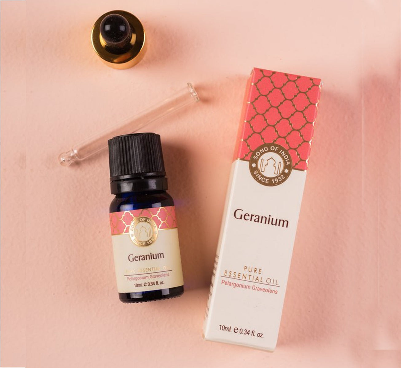 Geranium Pure Essential Oil by Song of India — dropper or bottle label detail