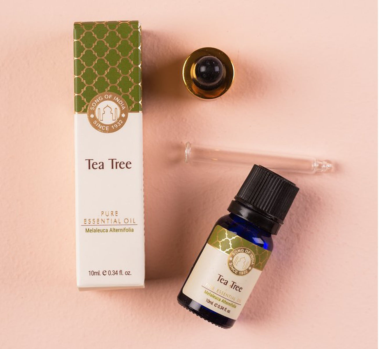 Tea Tree Pure Essential Oil by Song of India — dropper or bottle label detail