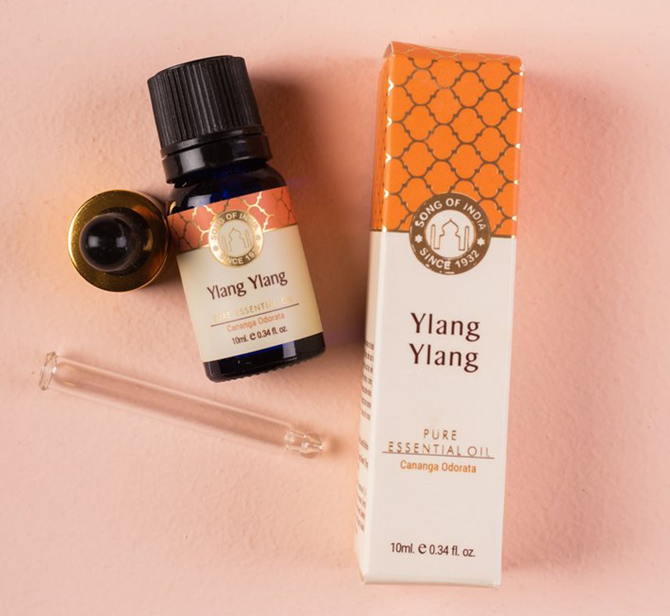 Ylang Ylang Pure Essential Oil by Song of India — oil bottle and packaging detail